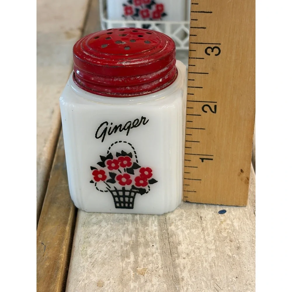 Vintage TIPP USA Milk Glass Spice Jar Set 8pc Red Lids Floral Basket Rack